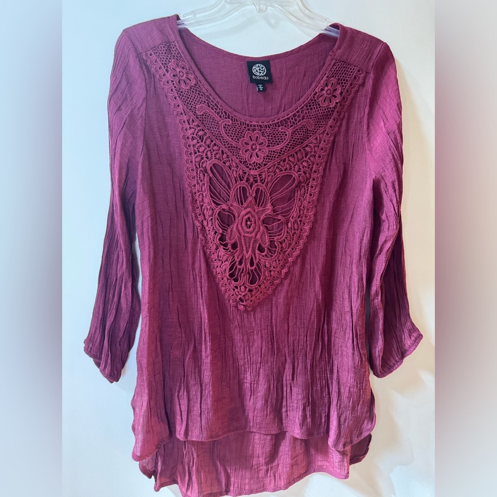 BOBEAU Bohemian Tunic Top-  Wine/ Maroon Red -Lace Woven Blouse- Sz Medium